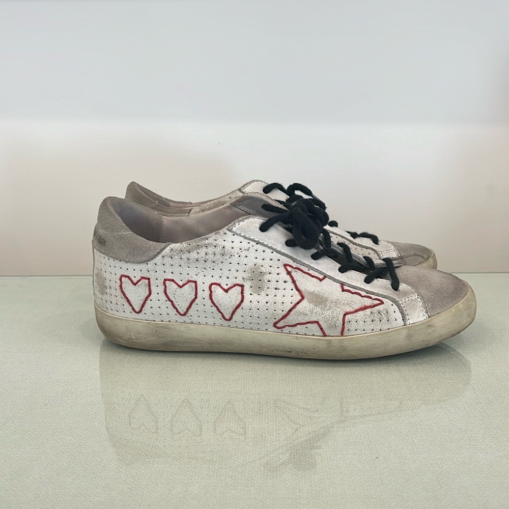 Golden Goose White w/ Red Stitch Heart and Star Superstar